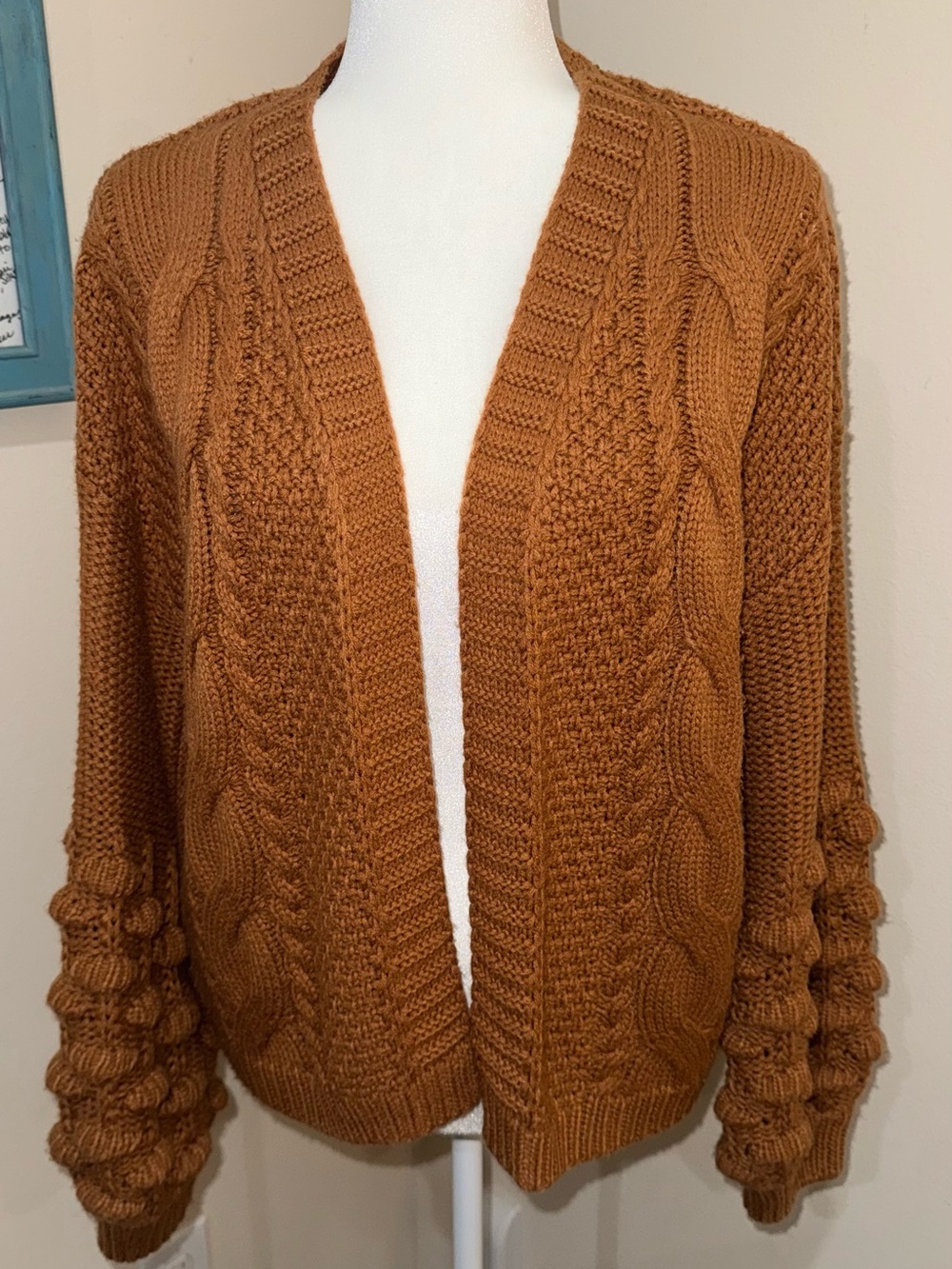 Love Riche Chunky Cable Knit Open Cardigan - Rust Brown